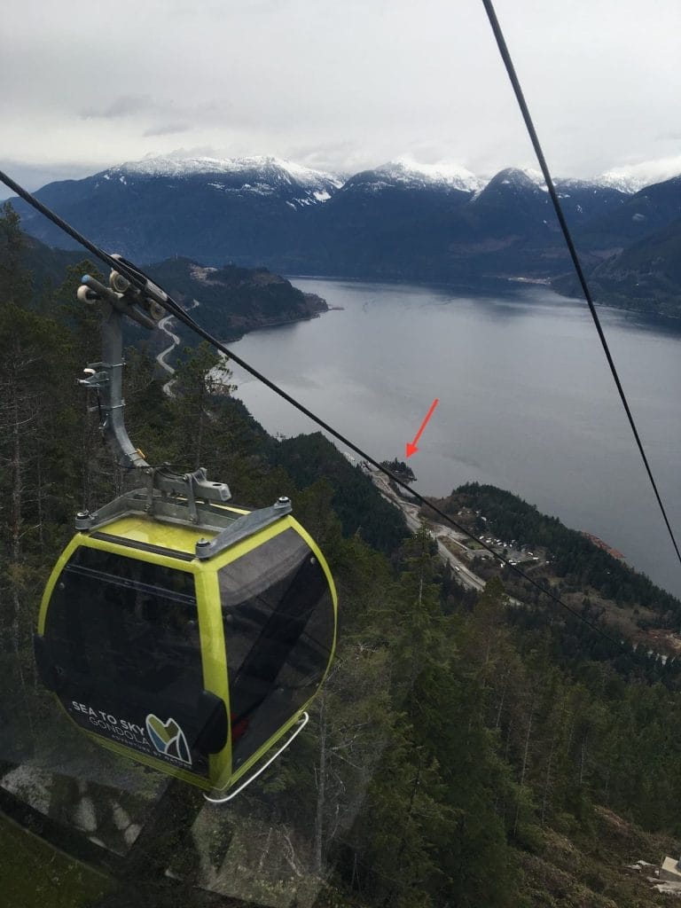 A cable car ascends above a forested hillside overlooking a large body of water with mountains in the background; a red arrow points to the shoreline where a BC Tiny House Airbnb awaits.