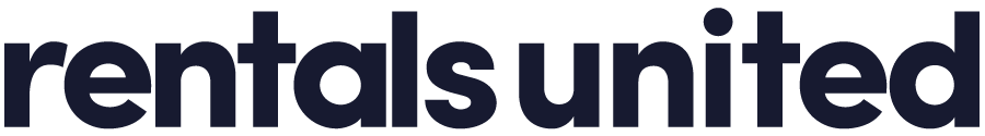 The image shows the Rentals United logo in lowercase, bold, dark blue letters on a transparent background, often featured in Vacation Rental Blogs.