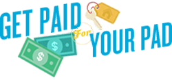 Logo with the text "Get Paid for Your Pad," featuring illustrated dollar bills and a set of keys with a house keychain—perfect for Vacation Rental Blogs looking to boost their branding.