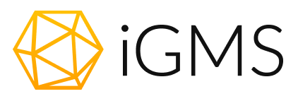 Yellow geometric polygon icon followed by the text "iGMS" in black, representing vacation rental software, on a transparent background.