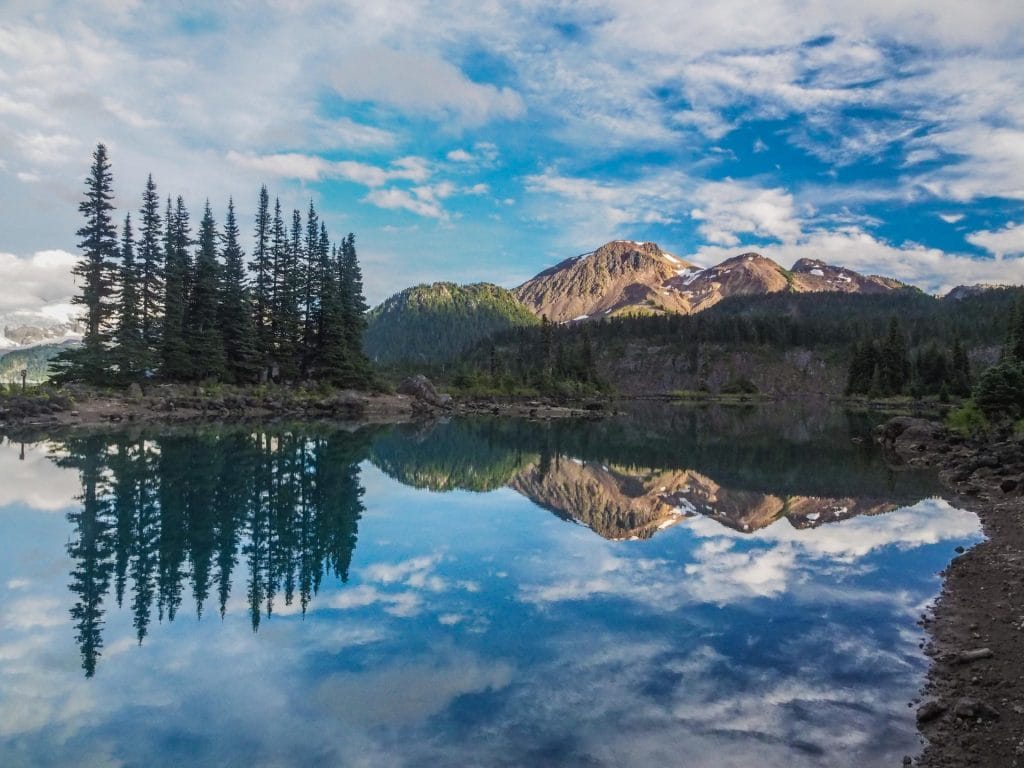 A still lake reflects pine trees, mountains, and a partly cloudy blue sky in this scenic outdoor landscape—one of the serene things to do in Whistler.
